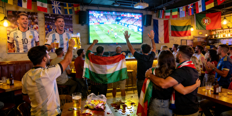 体育酒吧内人群聚集观看世界杯足球赛直播的热闹场景