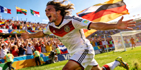 著名足球运动员在世界杯赛场进球后激动奔跑庆祝的瞬间